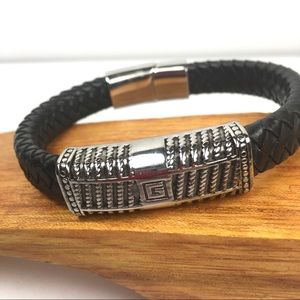 Stainless Steel Black Braided Leather Men Bracelet
